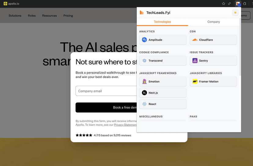 Chrome Extension - Instant tech stack detection