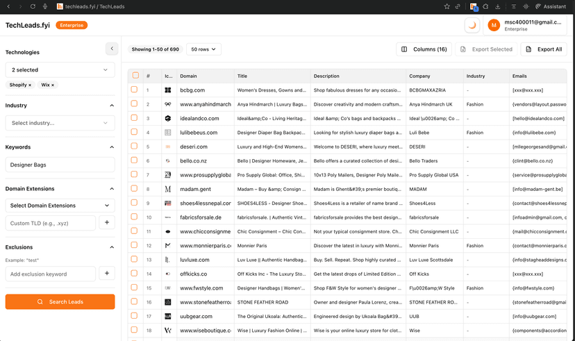 Lead Lists - Build custom lead lists filtered by technology