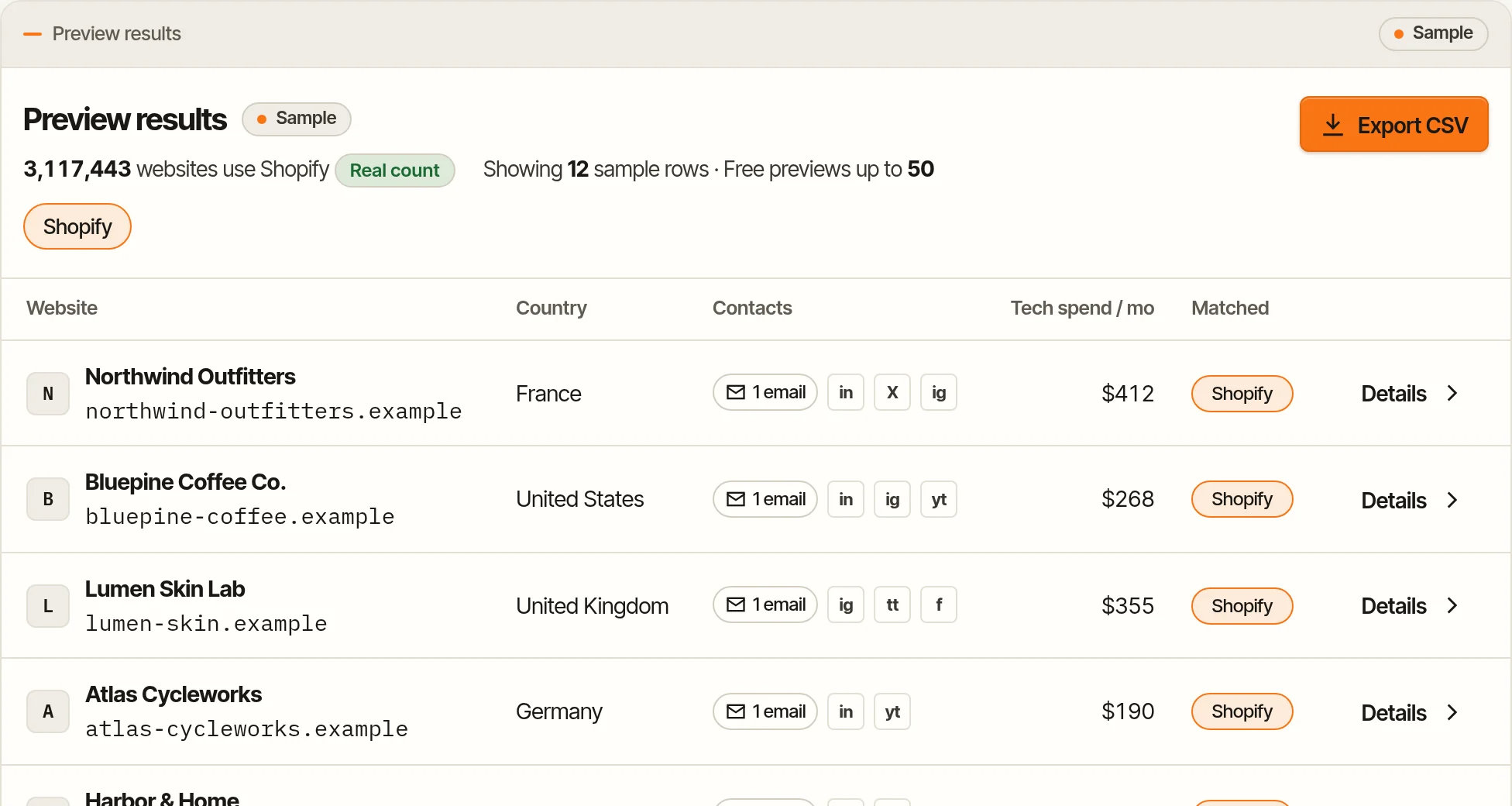 Lead list preview with sample rows